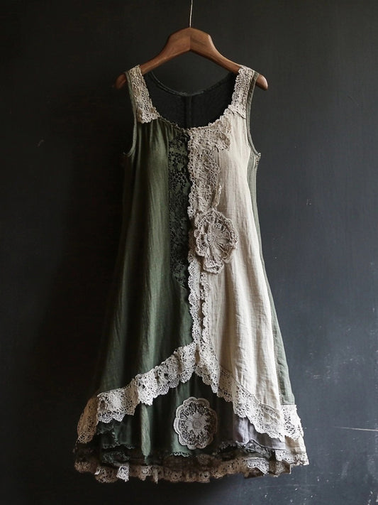Vintage Lace Patchwork Comfy Linen Tank Dress artswardrobe