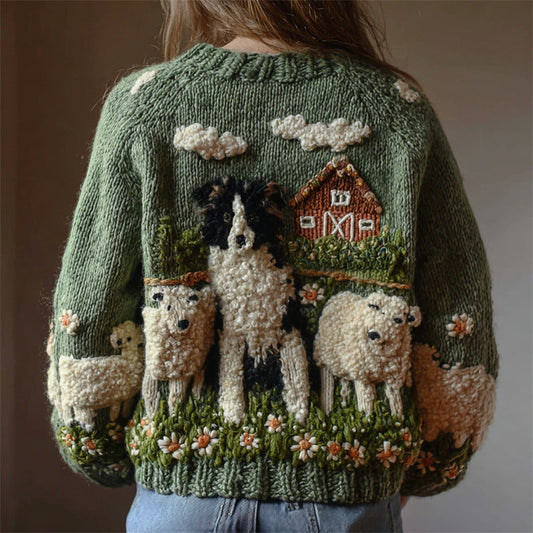 Vintage Border Collie & Sheep Fleece Ranch Knit Cardigan artswardrobe