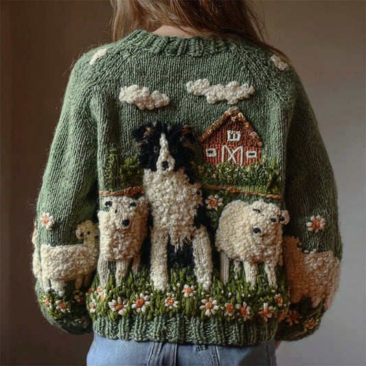 Vintage Border Collie & Sheep Fleece Ranch Knit Cardigan artswardrobe
