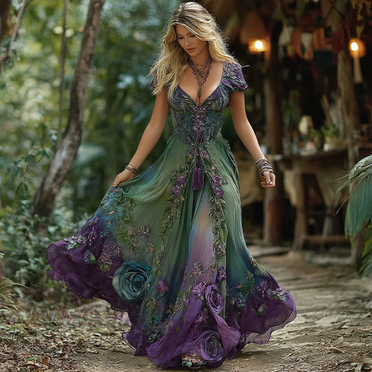 Women's Vintage Floral Gradient V-neck Short Sleeves Maxi Dress artswardrobe
