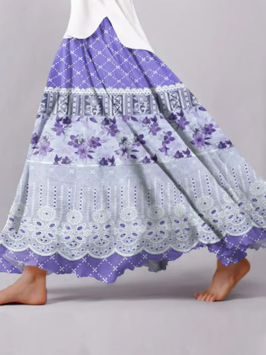 Women's Retro Casual Purple Floral Splicing Skirt artswardrobe