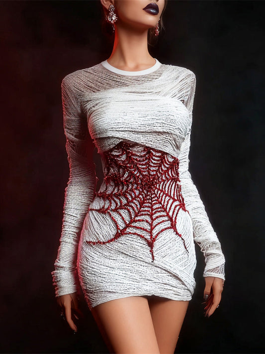 Halloween Spider Web Blood Bead & Bandage Art Women's Knit Mini Dress artswardrobe