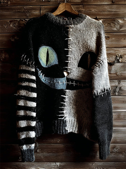 Halloween Spooky Smiling Cat Face Contrast Stitched Knit Sweater elevenforest
