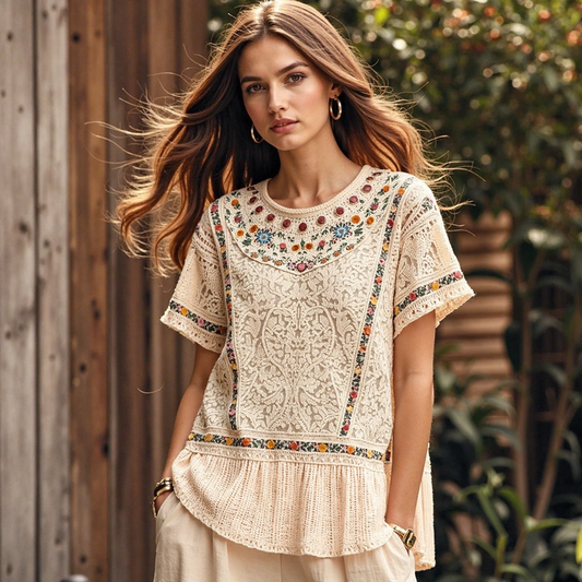 Women's Bohemian Floral Art Linen Short Sleeve T-shirt artswardrobe