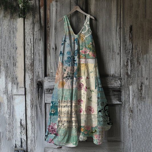 Vintage Floral Patchwork Linen Blend Tank Dress artswardrobe