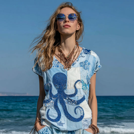 Comstylish Women's Retro Japanese Octopus Art Stitching Casual Linen T-shirt