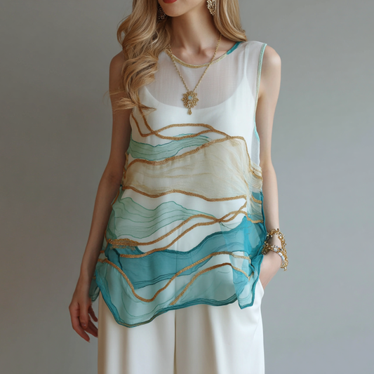 Vintage Marble Texture Collection Retro Bohemia Women Style Gradient Gilded Pattern Linen Tank Top artswardrobe