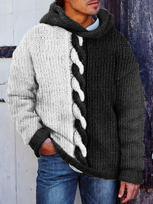 Men's Retro Cable Knit Contrast Color Hooded Sweater artswardrobe