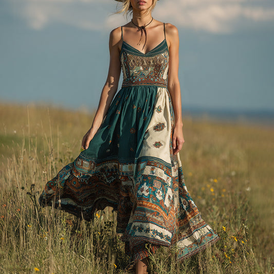 Vintage Bohemian Western Print V-neck Suspender Maxi Dress artswardrobe
