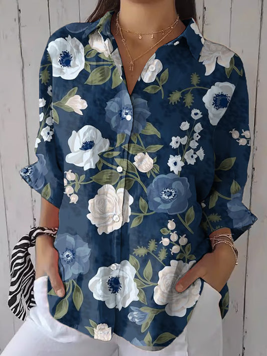 Women's Vintage Floral Print Casual Lapel Shirt artswardrobe