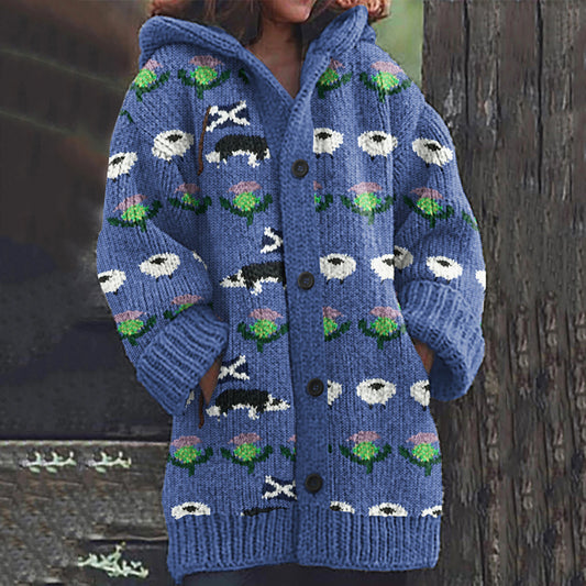 Scotland Farm Print Knit Hooded Cardigan artswardrobe