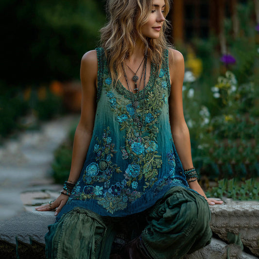 Vintage Classy Gradient Blue Rose And Floral Embroidered Pattern Linen Tank Top artswardrobe