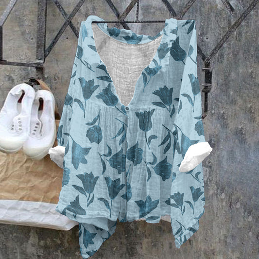 Comstylish Ladies Floral Pattern Casual Cotton Linen Shirt