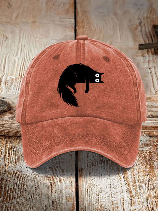 Japanese Art Black Cat Print Washed Hat elevenforest