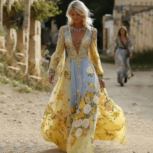 Women's Vintage Yellow Floral Embroidery V Neck Casual Midi Dress artswardrobe
