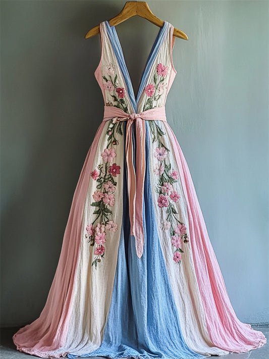 Floral Embroidered Transgender Colorblock Linen Maxi Dress artswardrobe