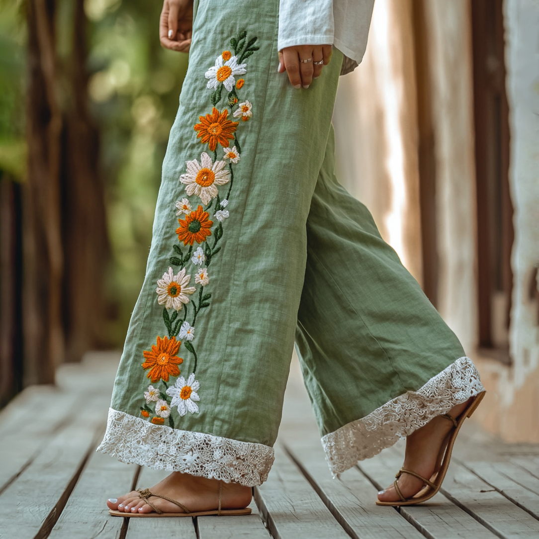 Retro Boho Floral Lace Embroidery Art Cotton Linen Wide Leg Pants artswardrobe