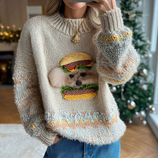 Vintage Funny Hamburger Puppy Cozy Knit Sweater elevenforest