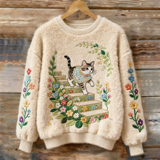 Cute Cat Walking On A Staircase Covered With Flowers Art Women's Cozy Plush Sweater elevenforest