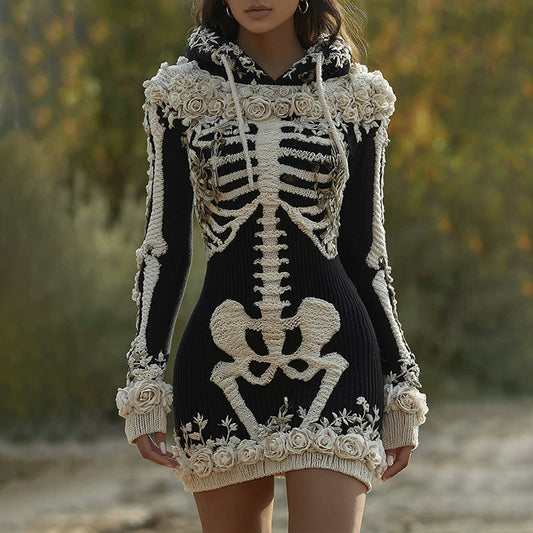 Women's  Halloween Skeleton Bones With Roses Art Cozy Knit Hooded Sweater Dress artswardrobe