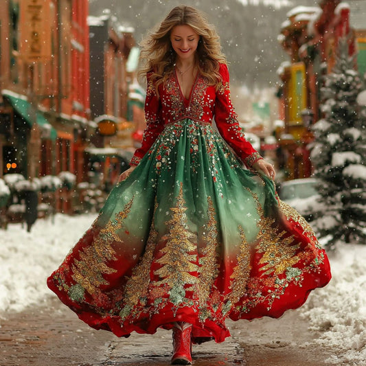 Comstylish Women's Christmas Tree Pattern Elegant V-neck Dress