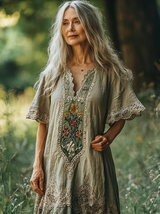 Forest Floral Embroidery Lace Trim Vintage Women's Linen Dress artswardrobe