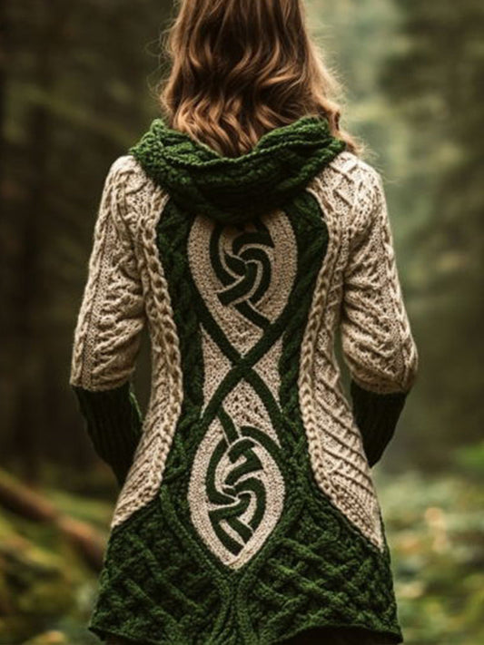 Women's Celtic Knot Contrast Color Cozy Knit Hooded Cardigan artswardrobe