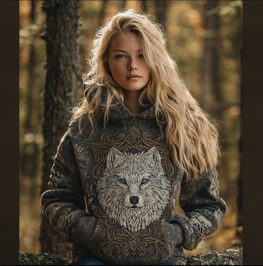 Comstylish Vintage Viking Style Wolf Totem Women's Hooded Sweatshirt