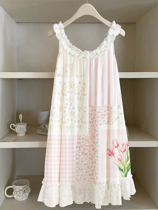 Fresh Floral & Tulip Print Women's Vest Dress artswardrobe