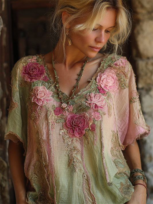 Boho Pink Roses 3d Embroidered Glitter Gradient Linen Shirt artswardrobe