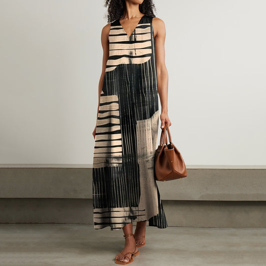 Women's Vintage Stripes Abstract Art Sleeveless Dress artswardrobe
