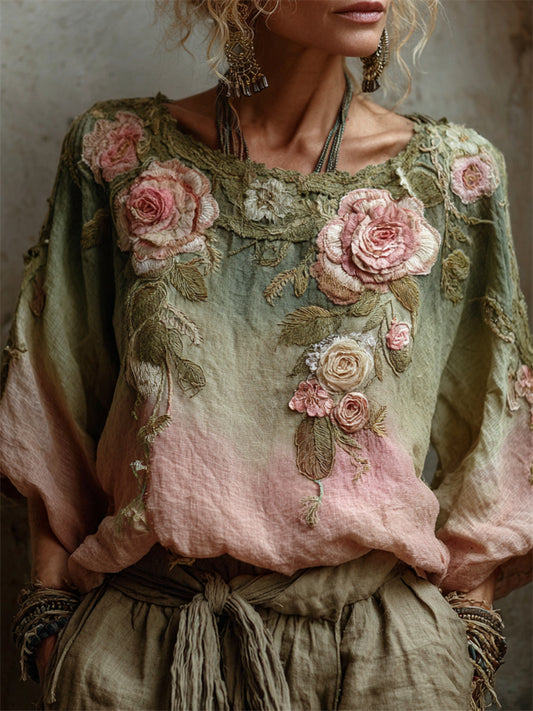 Vintage Pink Roses Forest Gradient Linen Tunic