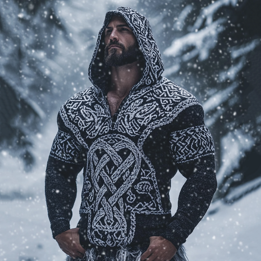 Men's Viking Tribal Warmth Jacquard Celtic Inspired Chunky Knit Hooded Sweater elevenforest