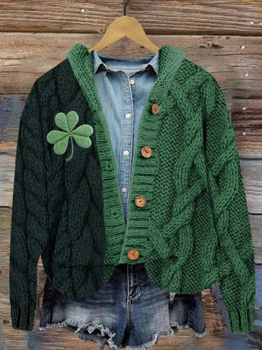 Irish Shamrock Embroidered Jacquard Cozy Hooded Cardigan artswardrobe