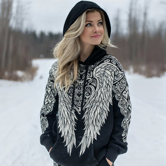 Comstylish Women's Retro Celtic Knot And Wings Pattern Comfortable Hooded Sweatshirt