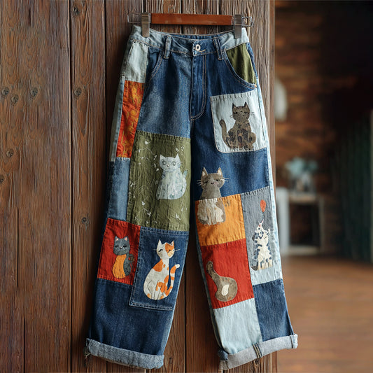 Vintage Patchwork Cute Cat Print Contrast Jeans
