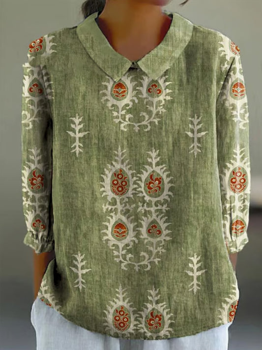 Comstylish Women's Vintage Botanical Floral Patchwork Art Print Design Lapel Shirt
