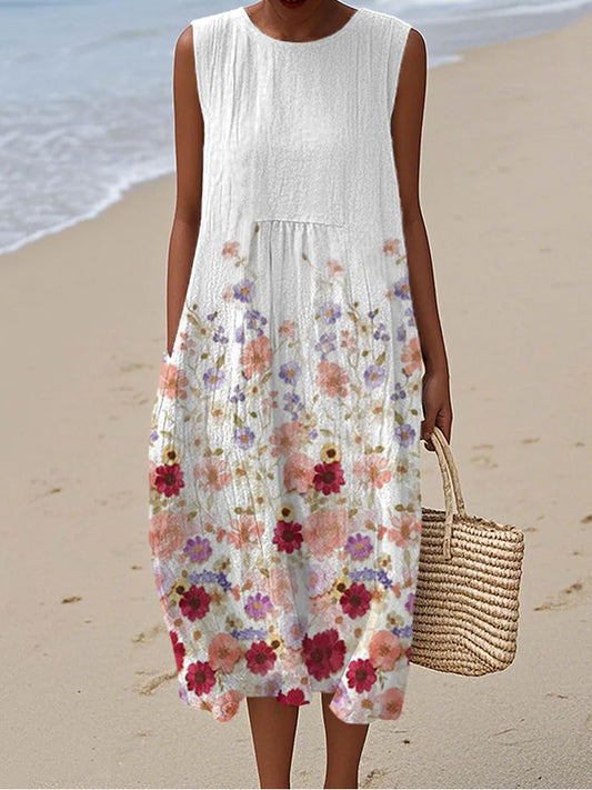 Vintage Floral Pattern Women's Linen Vest Dress artswardrobe