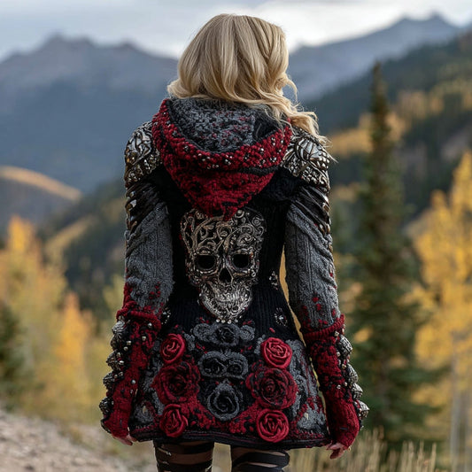 Women's Skull And Rose Inspired Knitted Cozy Hooded Cardigan artswardrobe
