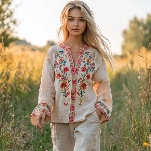 Vintage Bohemian Floral Embroidered Linen T-shirt artswardrobe