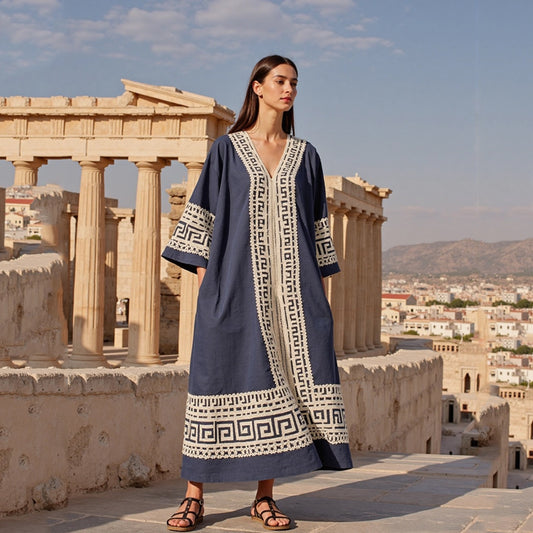 Lace Greek Key V Neck Loose Linen Blend Midi Dress artswardrobe