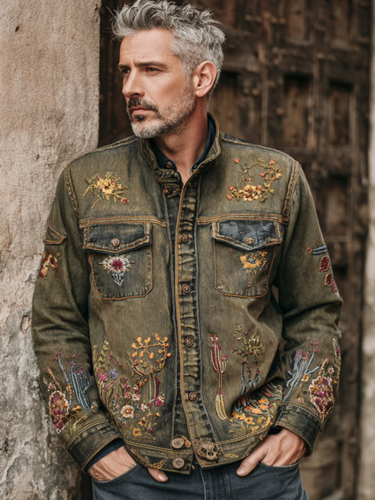 Men's Vintage Faded Denim Western-style Embroidered Printed Shirt artswardrobe