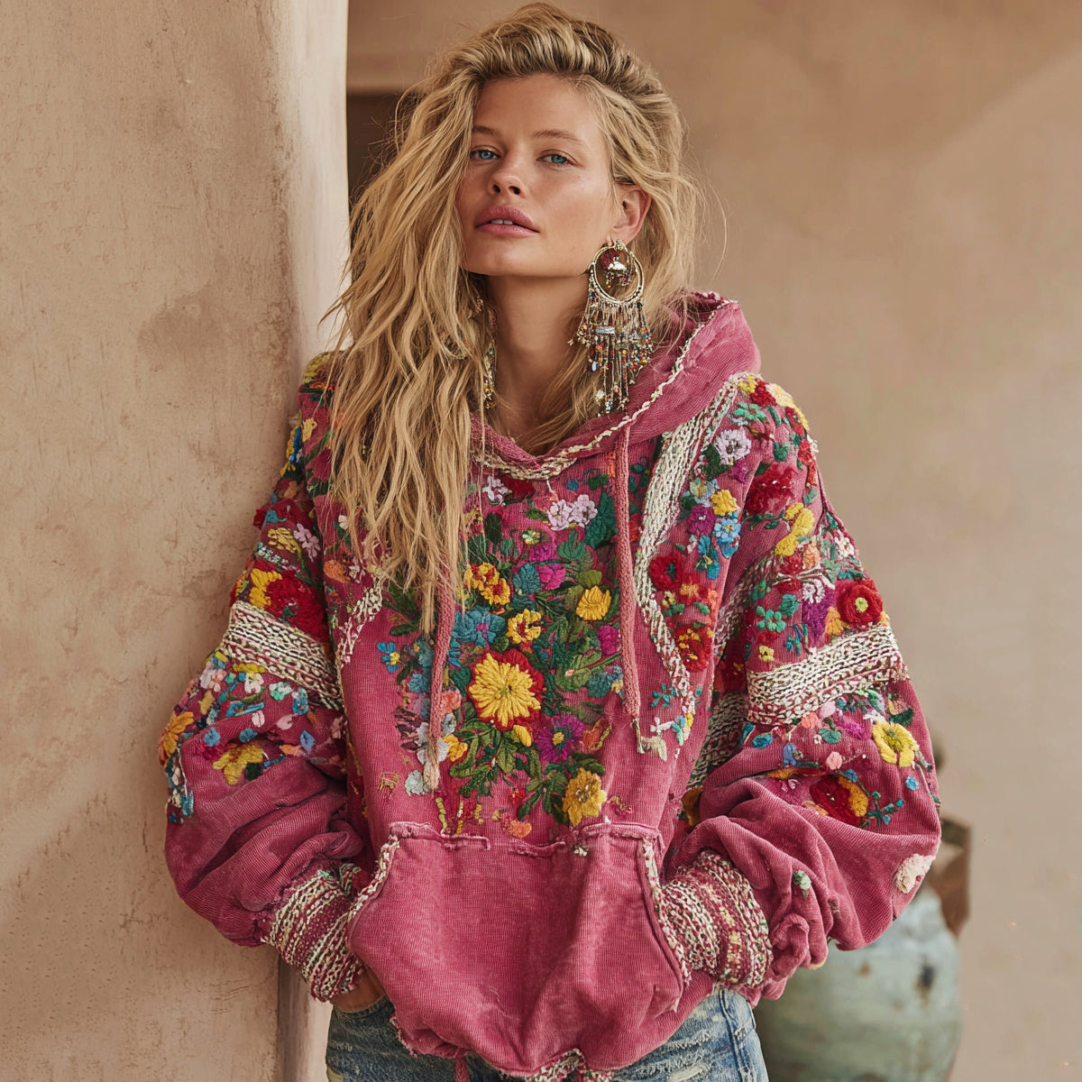 Comstylish Women's Vintage Bohemian Floral Embroidery Long Sleeve Casual Hoodie