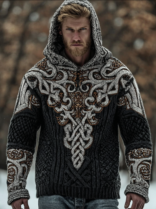 Men's Hooded Thick Sweater With Viking Style Tribal Totem And Wolf Totem Patterns artswardrobe