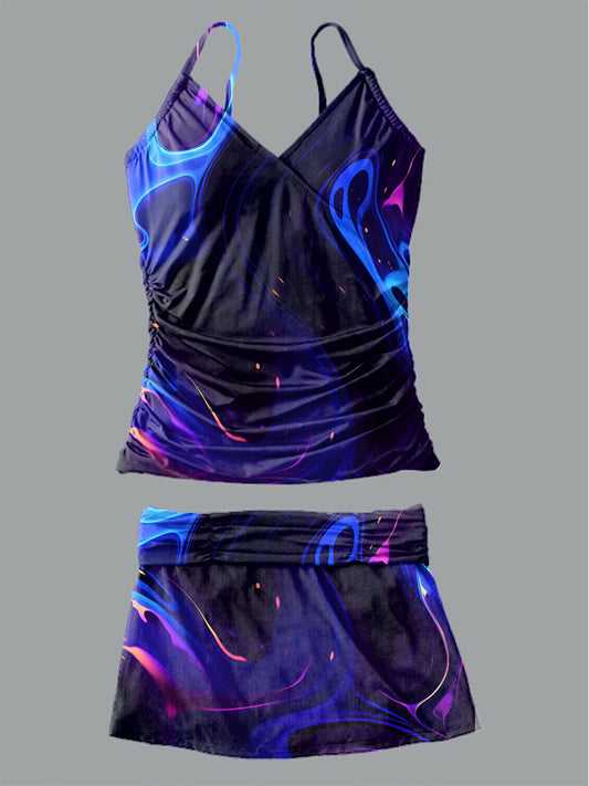 Women's Texture Art Printed Suspender Shirred Swimsuit Set