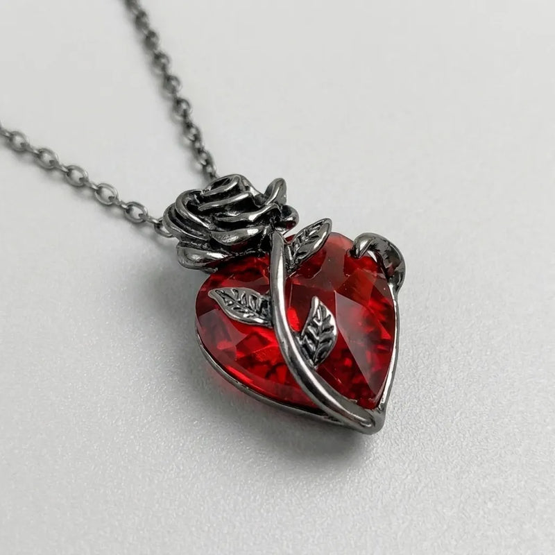 Red Crystal Heart Rose Necklace