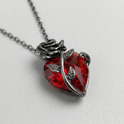Red Crystal Heart Rose Necklace