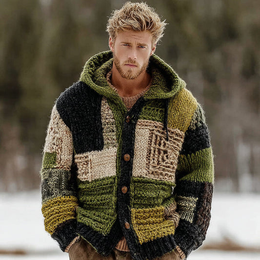 Men's Vintage Geometric Block Jacquard Thick Warm Hooded Sweater Cardigan elevenforest