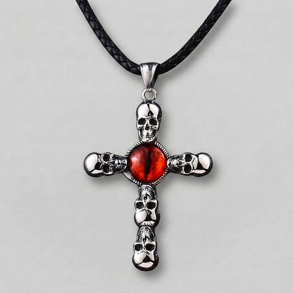 Skull Cross Necklace with Red Dragon Eye Pendant