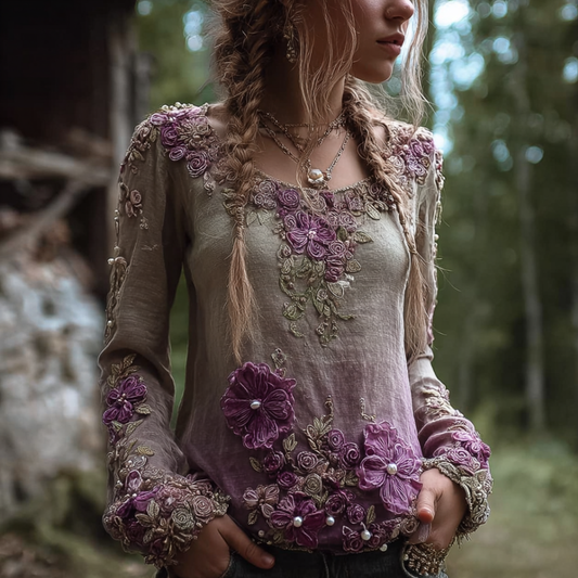 Comstylish Bohemian Style Round Neck Long Sleeve 3d Purple Flower Design Cotton And Linen Top For Women